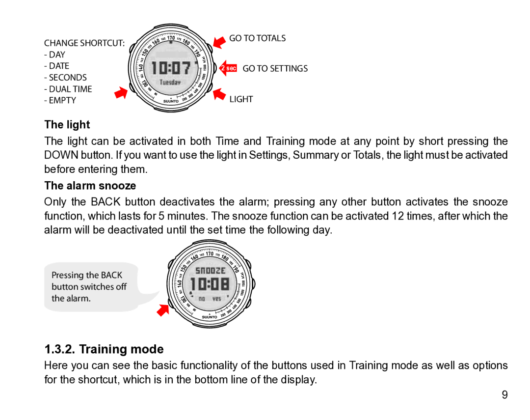 Suunto t1 manual Training mode, Light 