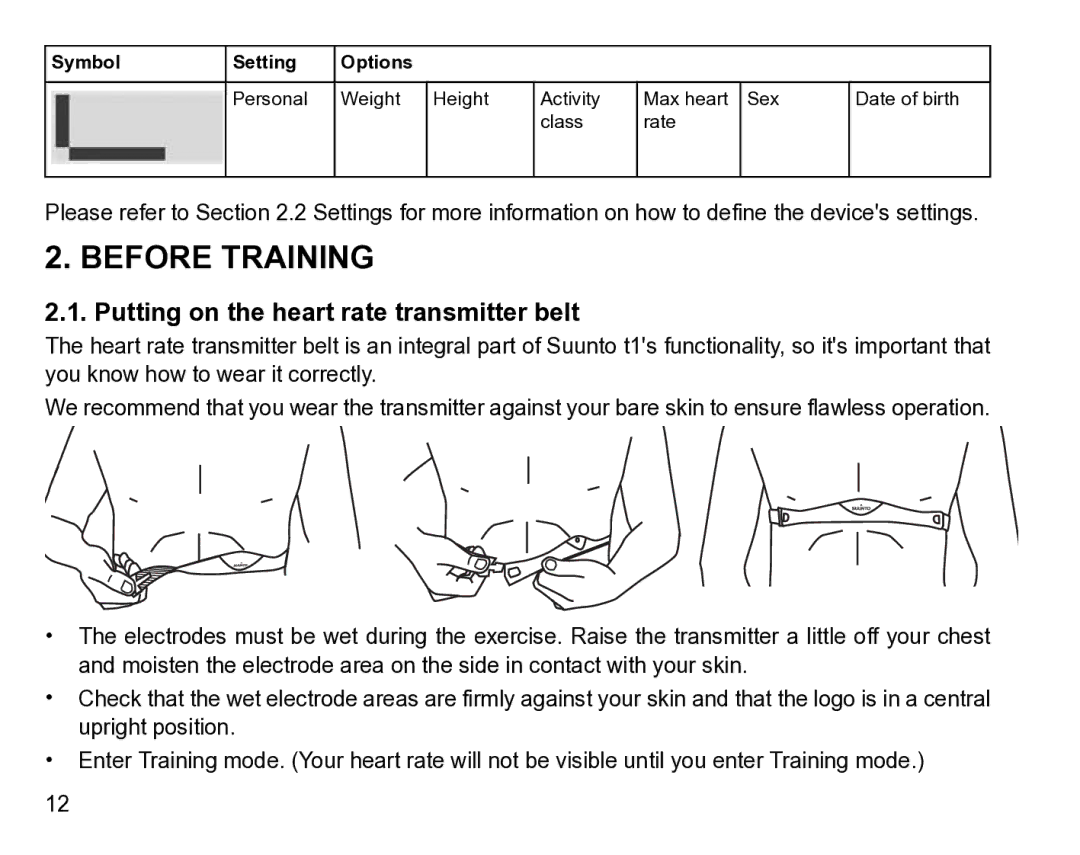 Suunto t1 manual Before Training, Putting on the heart rate transmitter belt 