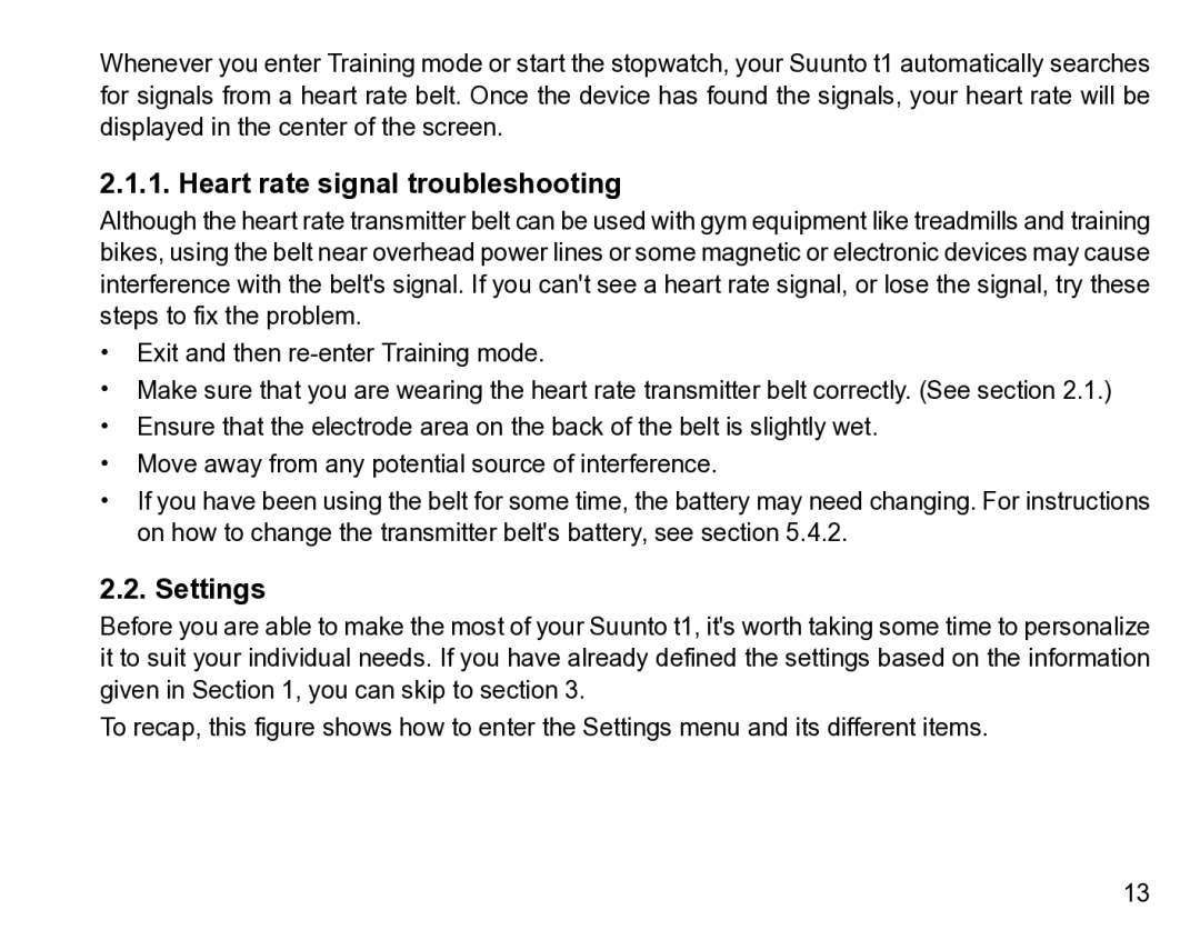 Suunto t1 manual Heart rate signal troubleshooting, Settings 