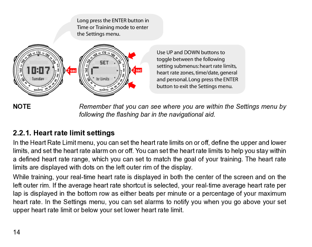 Suunto t1 manual Heart rate limit settings 