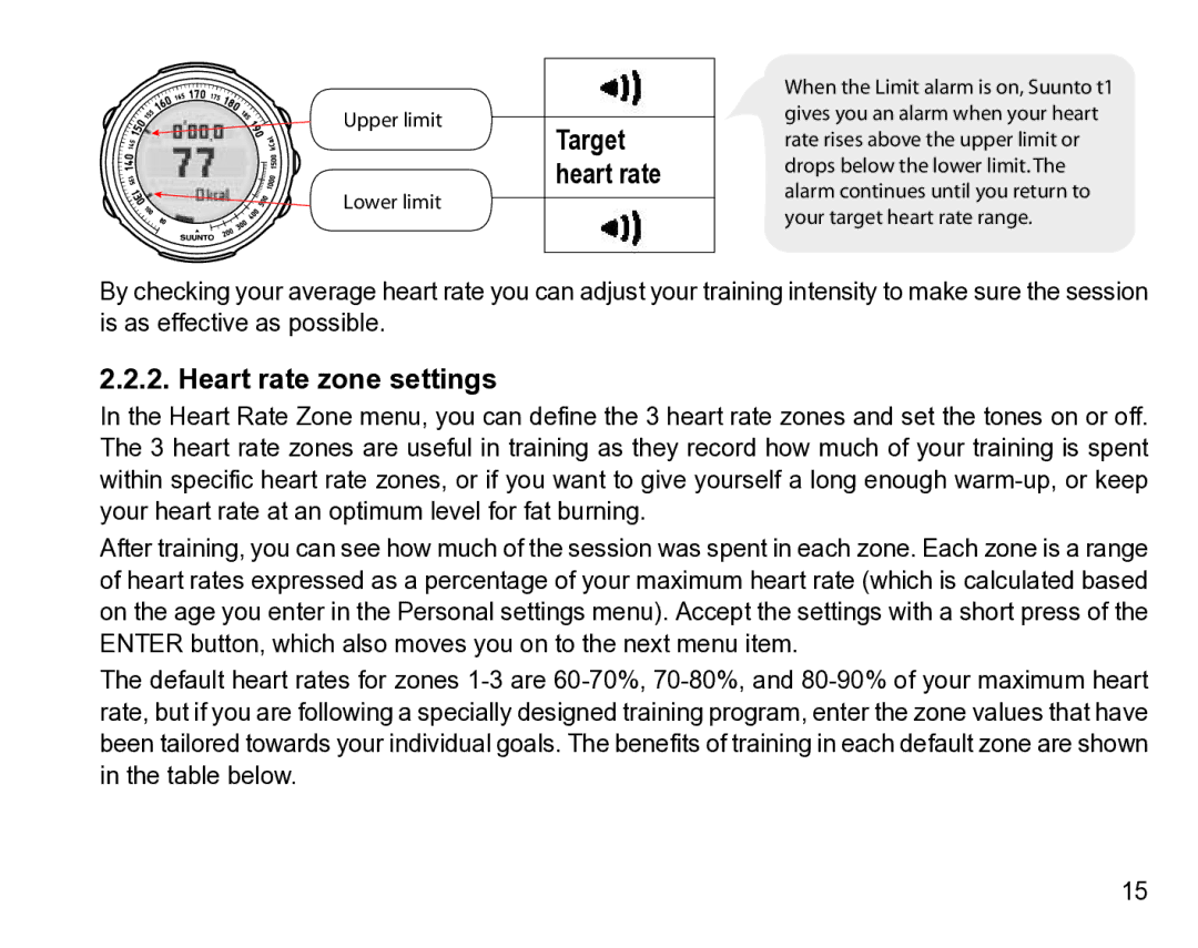 Suunto t1 manual Target, Heart rate zone settings 