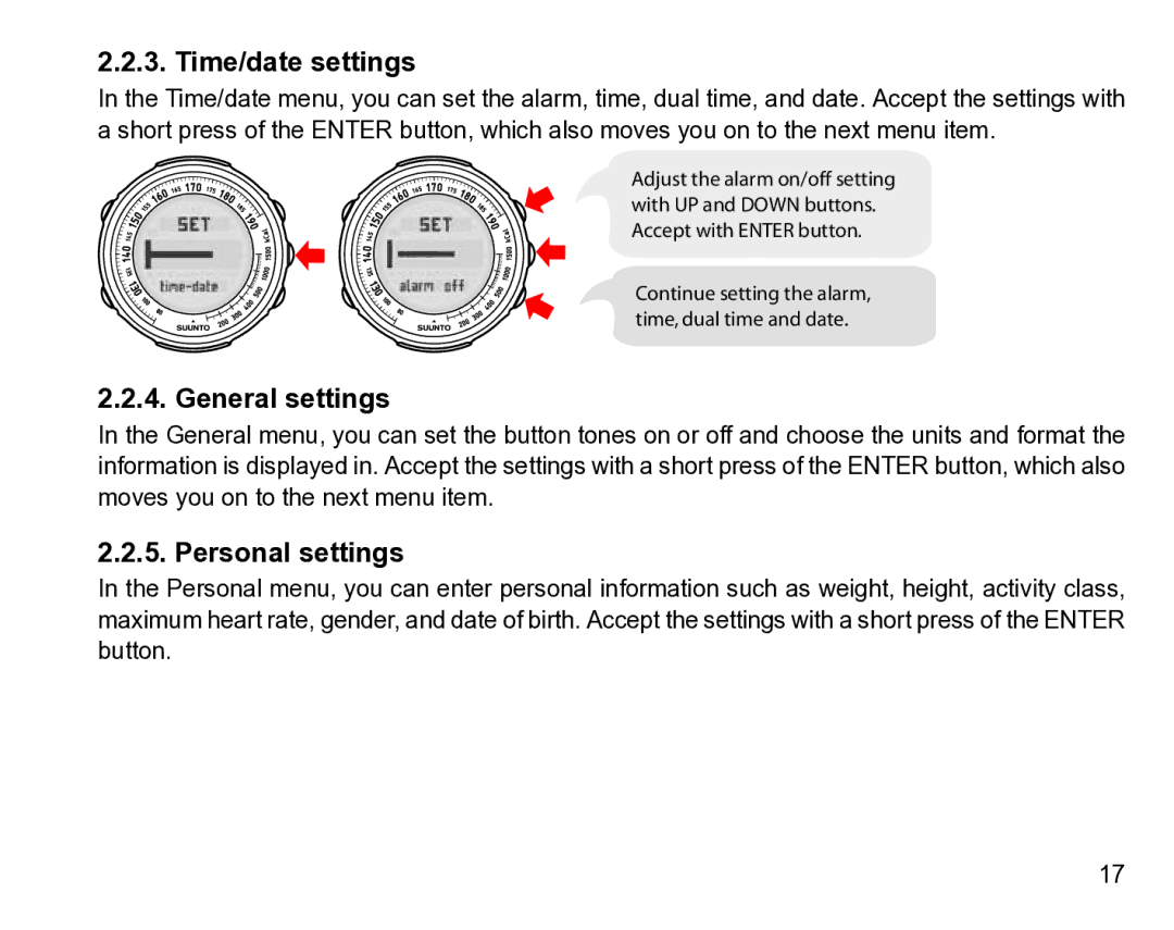 Suunto t1 manual Time/date settings, General settings, Personal settings 