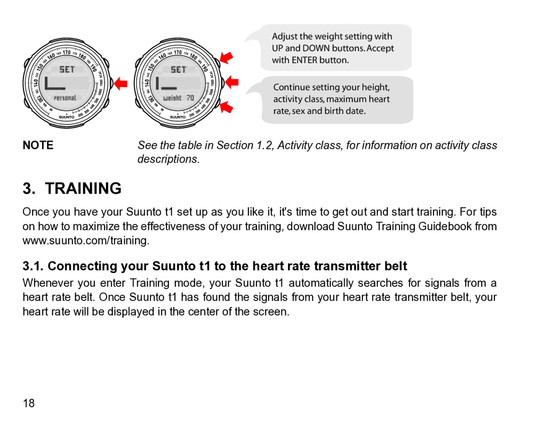 Suunto manual Training, Connecting your Suunto t1 to the heart rate transmitter belt 