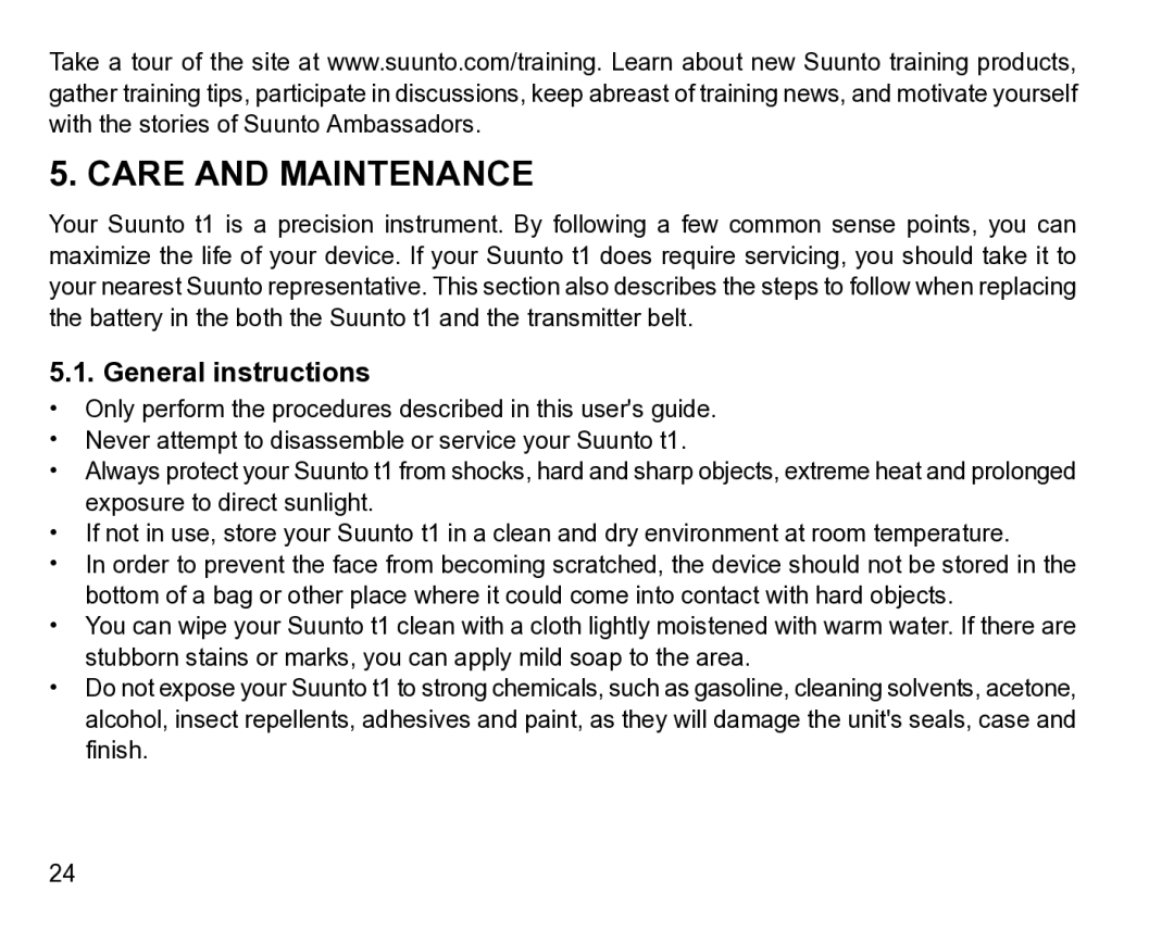 Suunto t1 manual Care and Maintenance, General instructions 