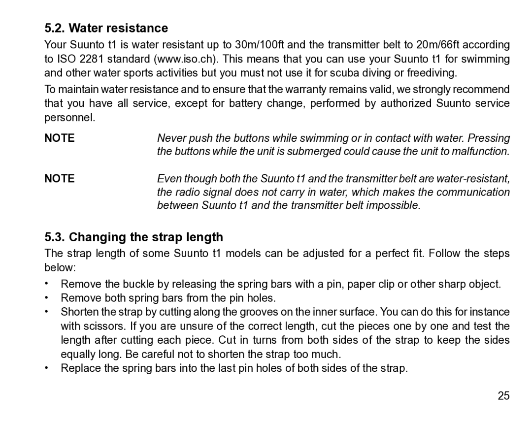 Suunto t1 manual Water resistance, Changing the strap length 