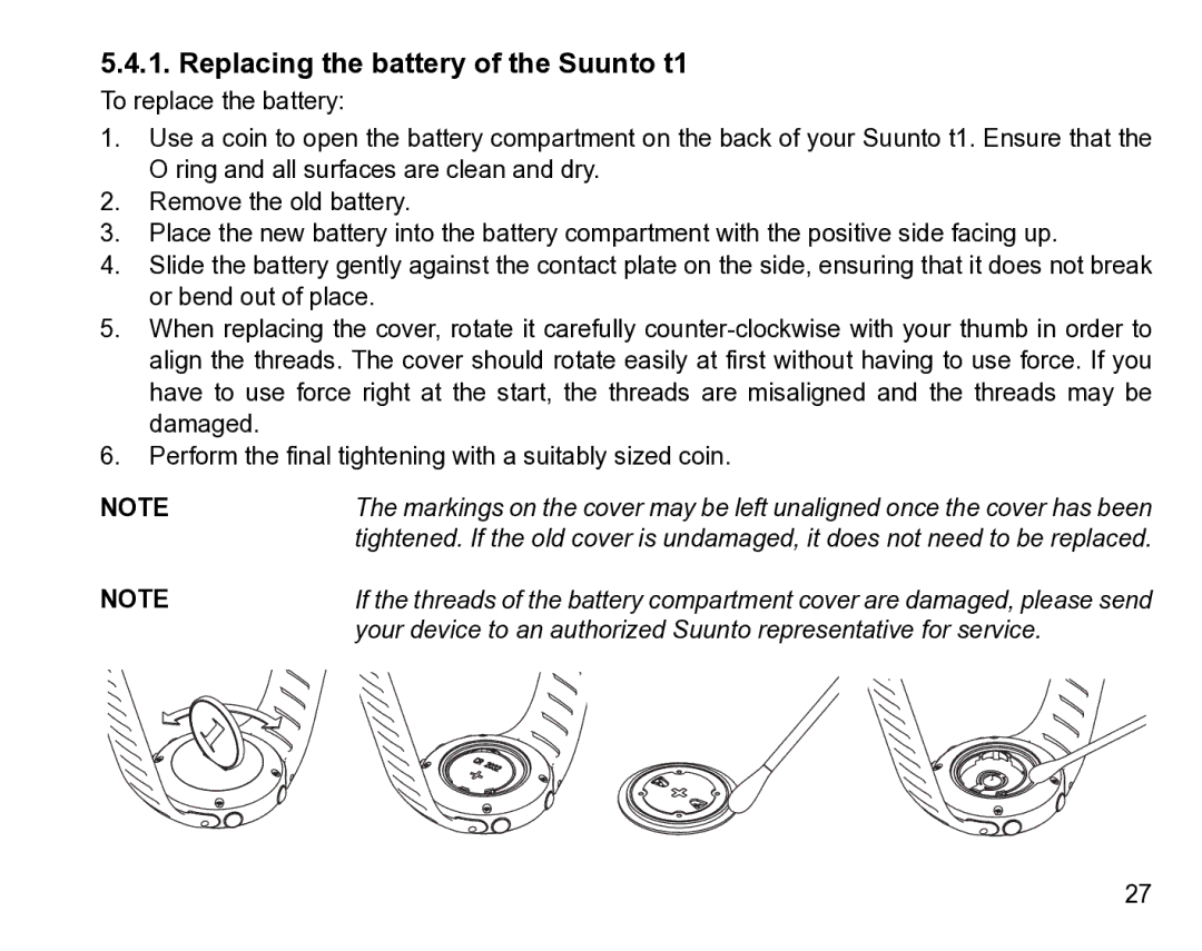 Suunto manual Replacing the battery of the Suunto t1 