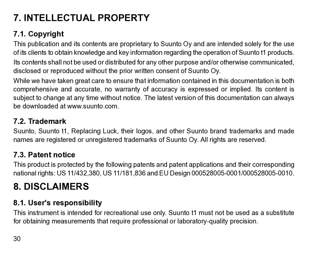 Suunto t1 manual Intellectual Property, Disclaimers 