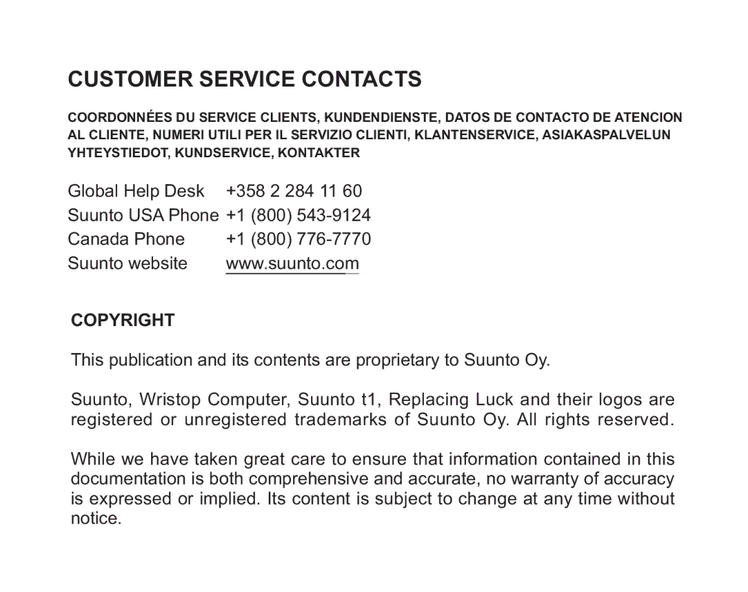 Suunto t1 manual Customer Service Contacts, Copyright 