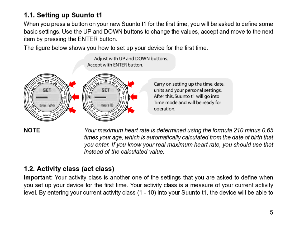 Suunto manual Setting up Suunto t1, Activity class act class 