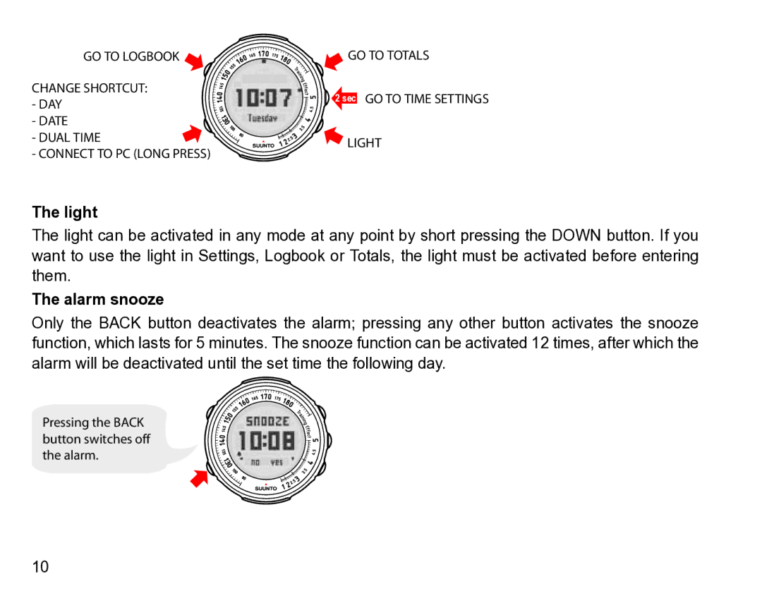 Suunto t3 manual Light, Alarm snooze 