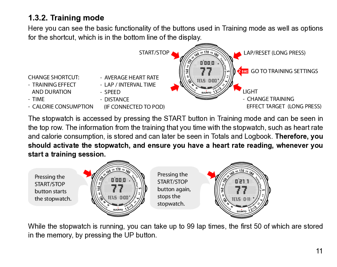 Suunto t3 manual Training mode, Light Change Training Effect Target Long Press 