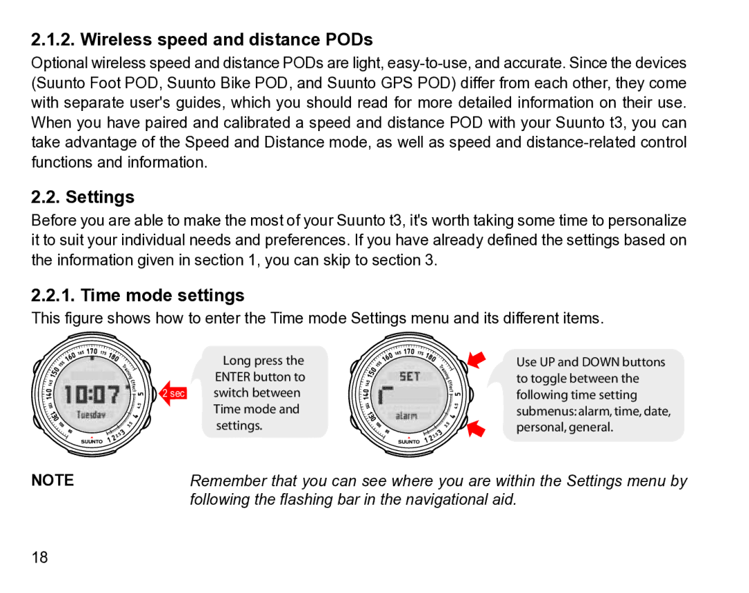 Suunto t3 manual Wireless speed and distance PODs, Time mode settings 