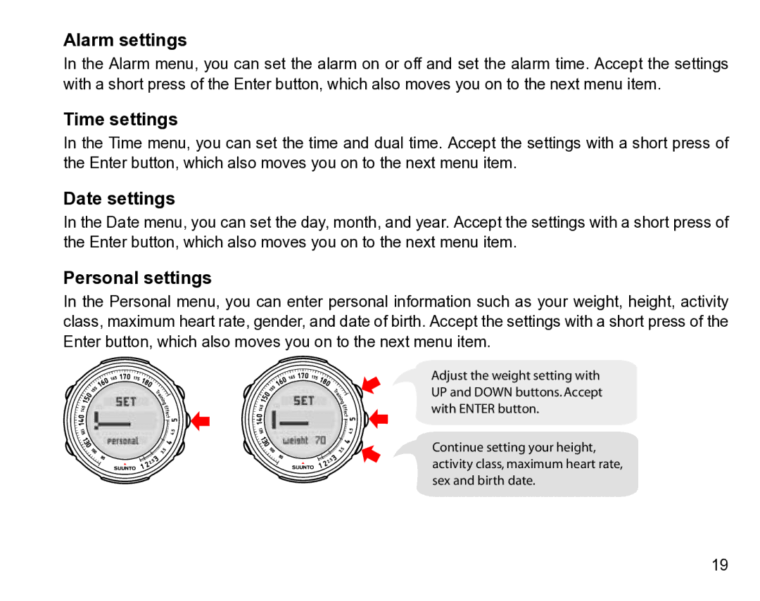 Suunto t3 manual Alarm settings, Time settings, Date settings, Personal settings 