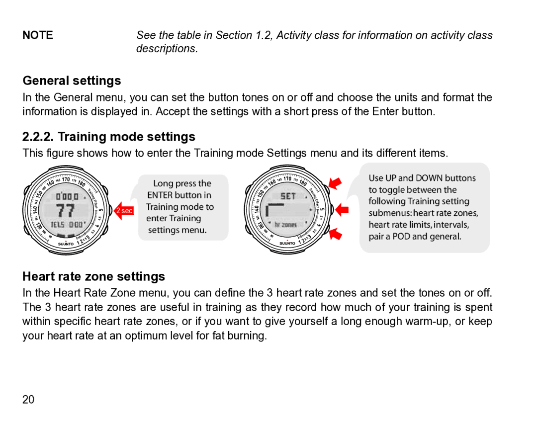 Suunto t3 manual General settings, Training mode settings, Heart rate zone settings 