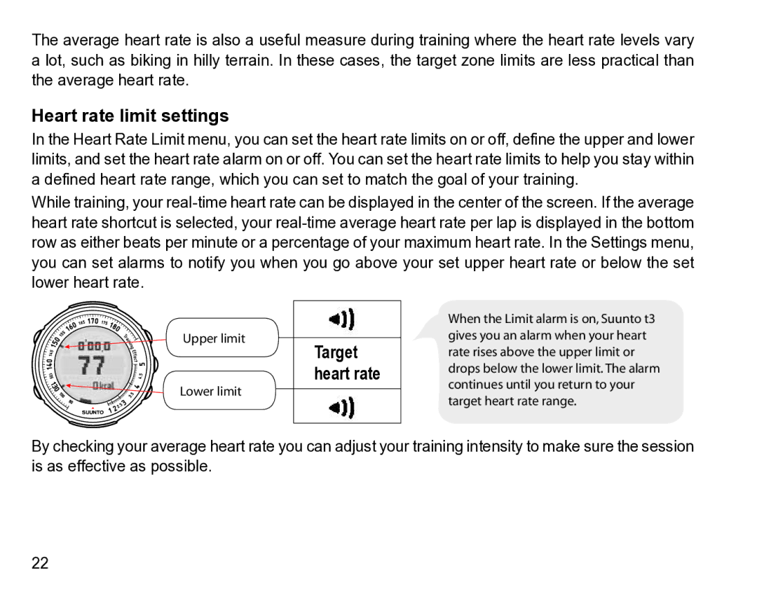 Suunto t3 manual Heart rate limit settings, Target heart rate 