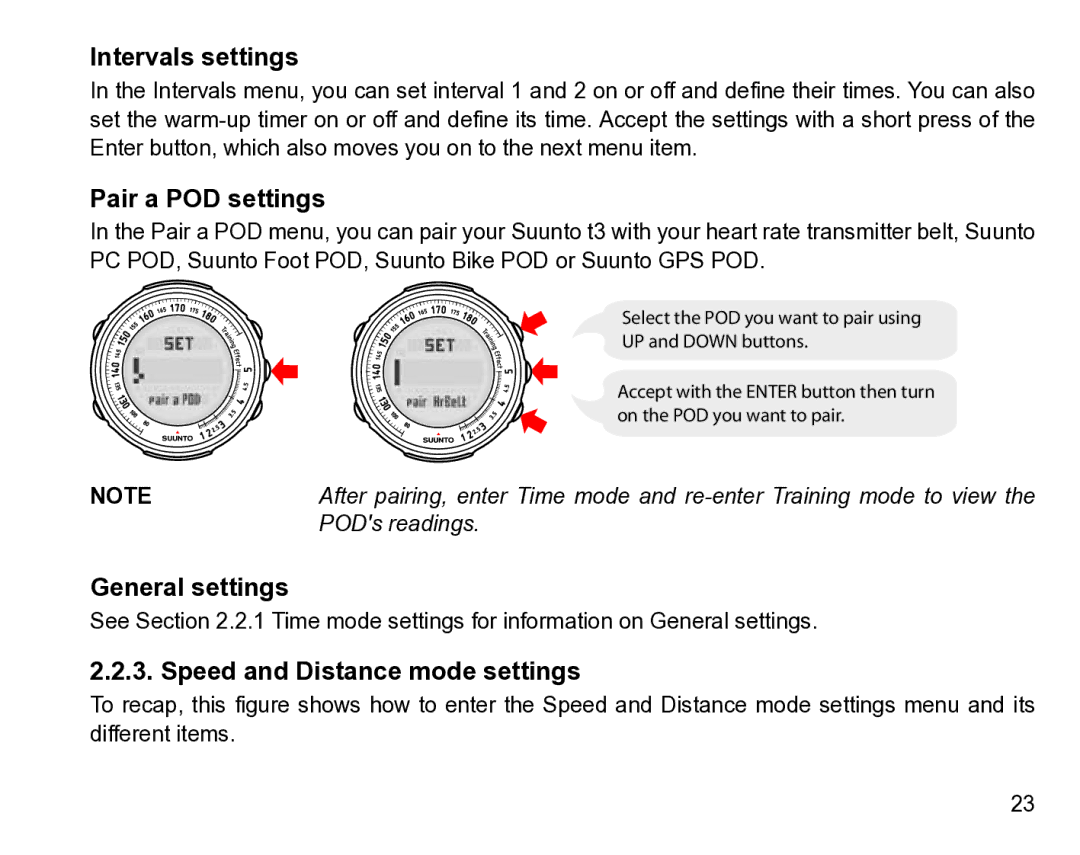 Suunto t3 manual Intervals settings, Pair a POD settings, Speed and Distance mode settings 