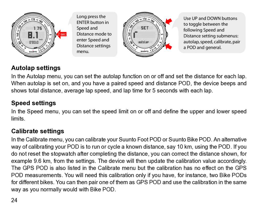 Suunto t3 manual Autolap settings, Speed settings, Calibrate settings 