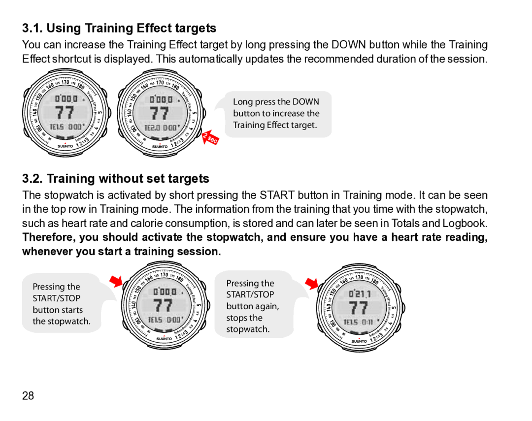 Suunto t3 manual Using Training Effect targets, Training without set targets 