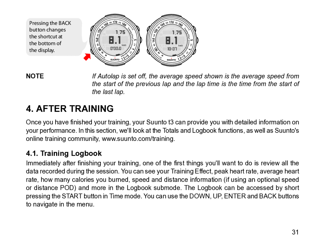 Suunto t3 manual After Training, Training Logbook 