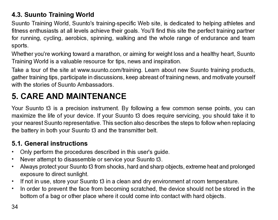 Suunto t3 manual Care and Maintenance, Suunto Training World, General instructions 