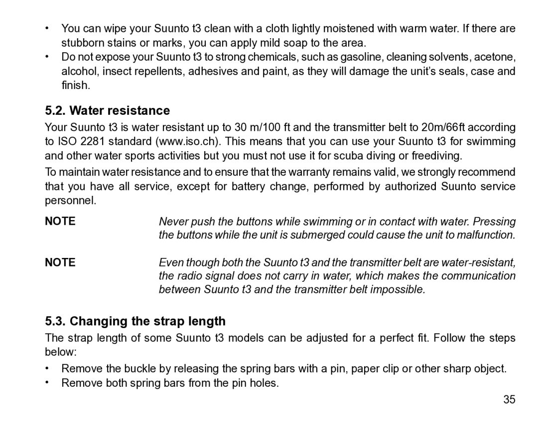 Suunto t3 manual Water resistance, Changing the strap length 