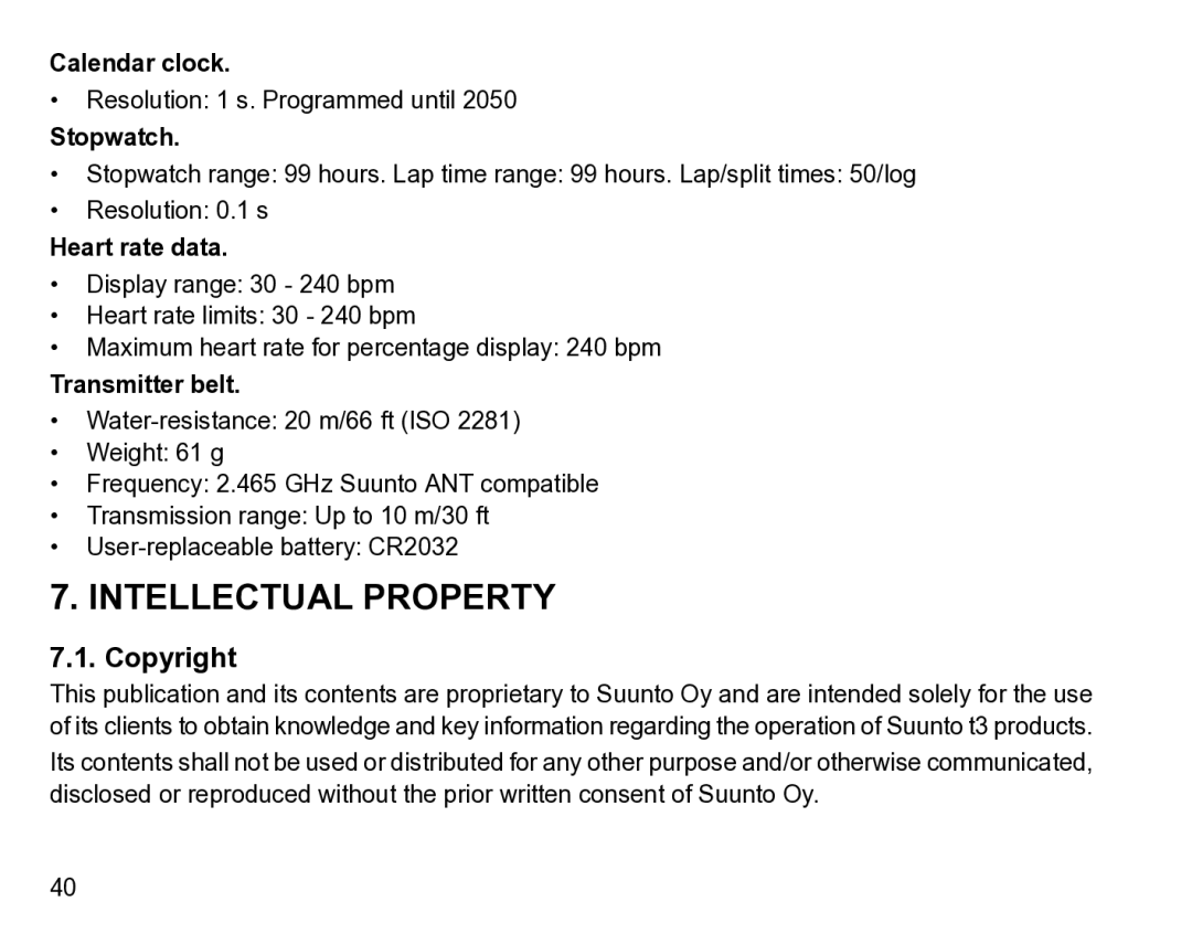 Suunto t3 manual Intellectual Property, Copyright 