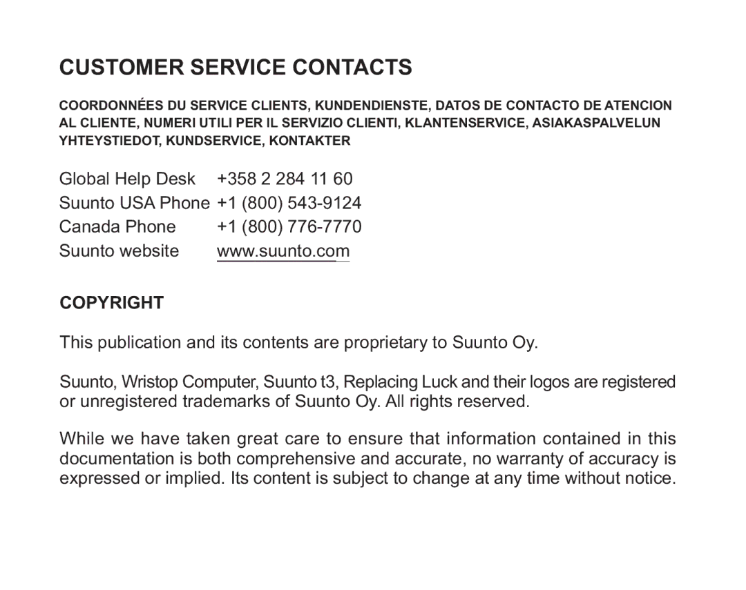 Suunto t3 manual Customer Service Contacts, Copyright 