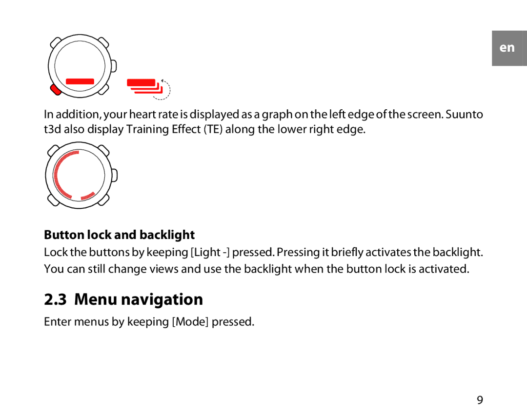 Suunto t3d manual Menu navigation, Button lock and backlight 