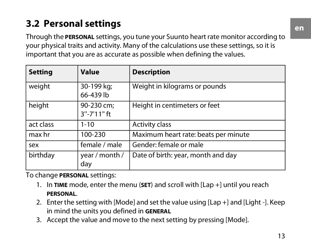 Suunto t3d manual Personal settings 