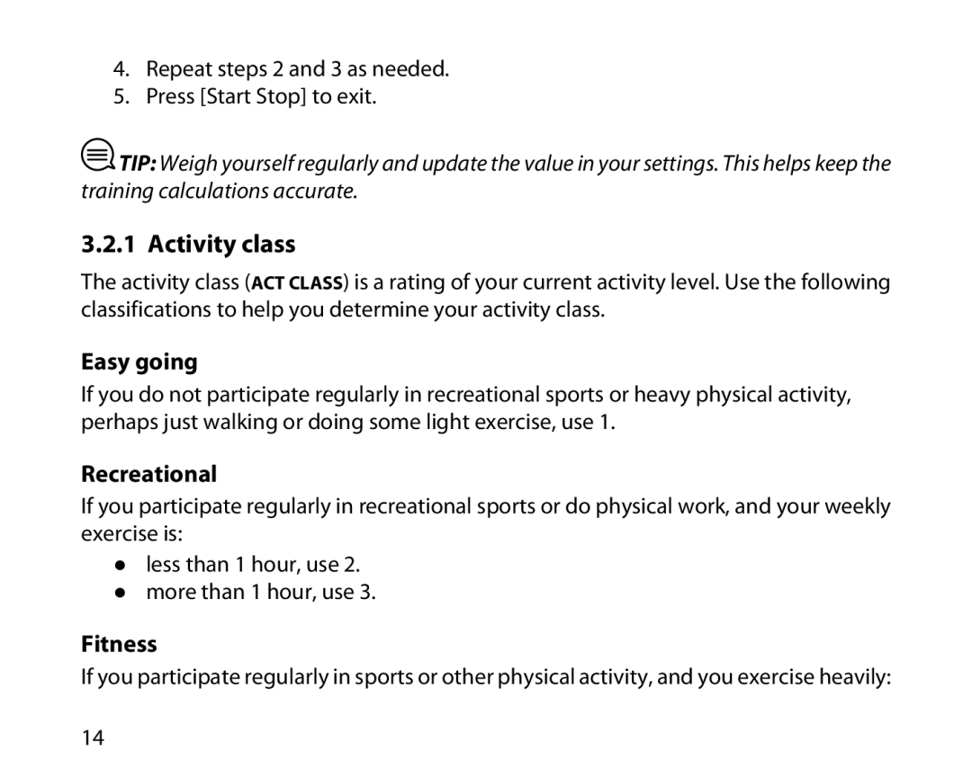 Suunto t3d manual Activity class, Easy going 