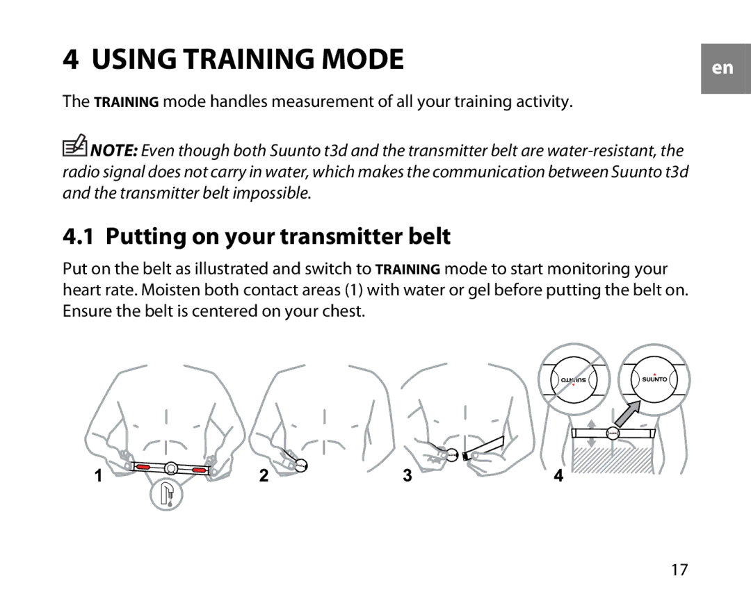 Suunto t3d manual Using Training Mode, Putting on your transmitter belt 