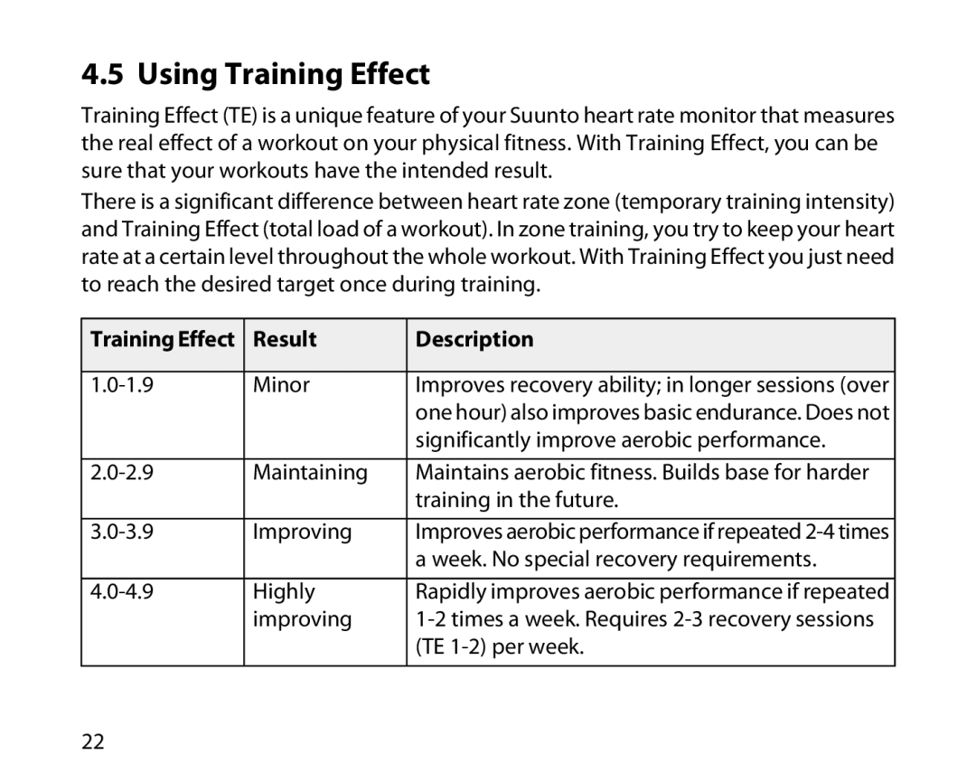 Suunto t3d manual Using Training Effect, Result Description 