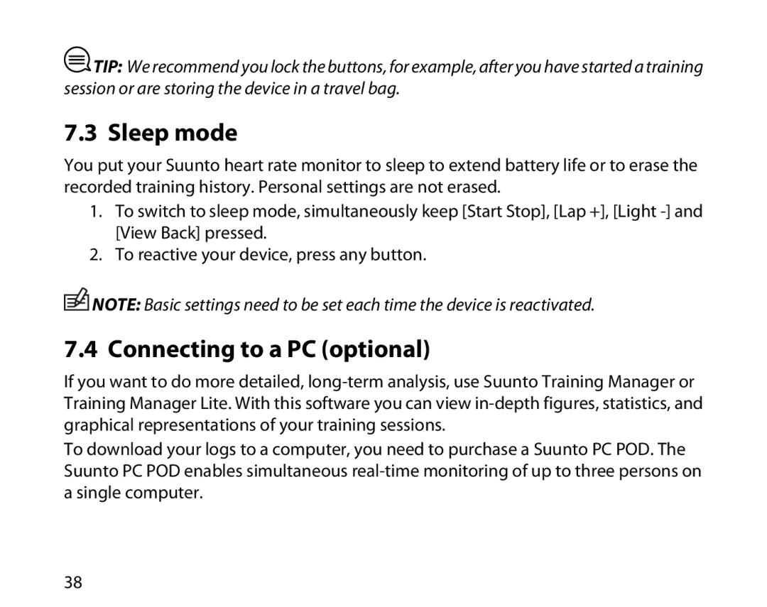 Suunto t3d manual Sleep mode, Connecting to a PC optional 