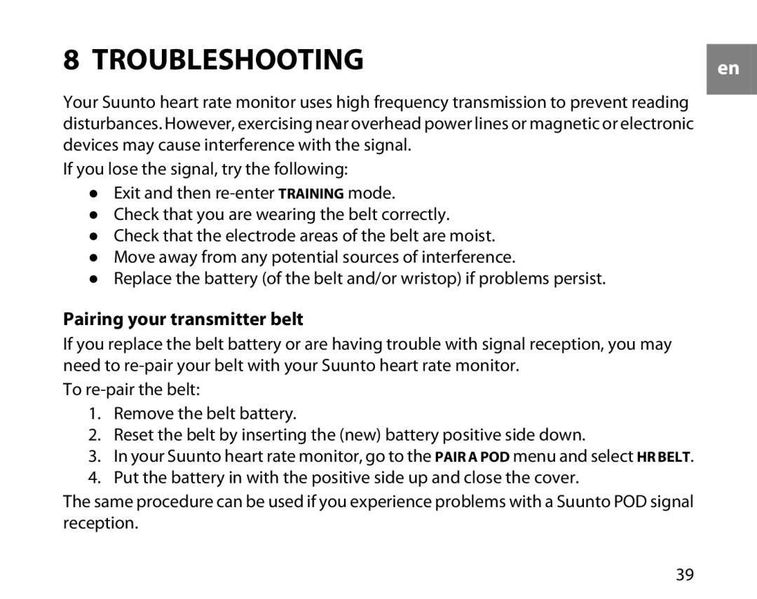 Suunto t3d manual Troubleshooting, Pairing your transmitter belt 