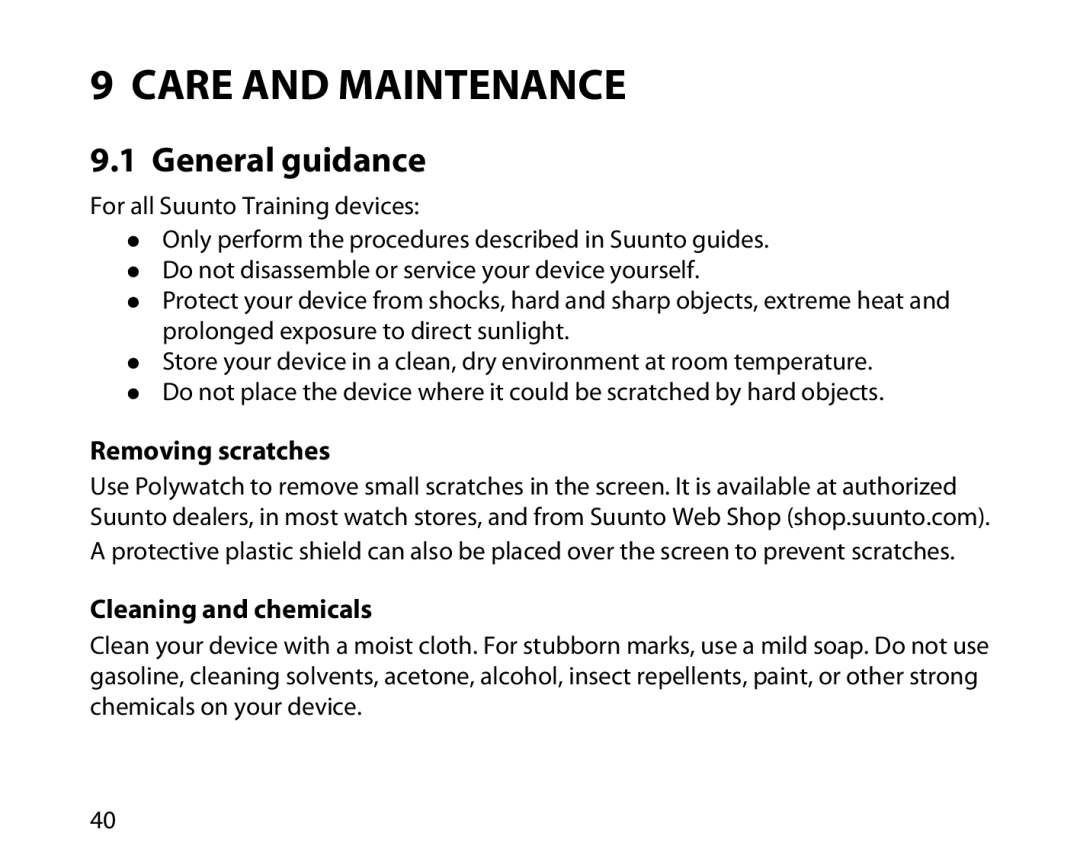 Suunto t3d manual Care and Maintenance, General guidance, Removing scratches, Cleaning and chemicals 