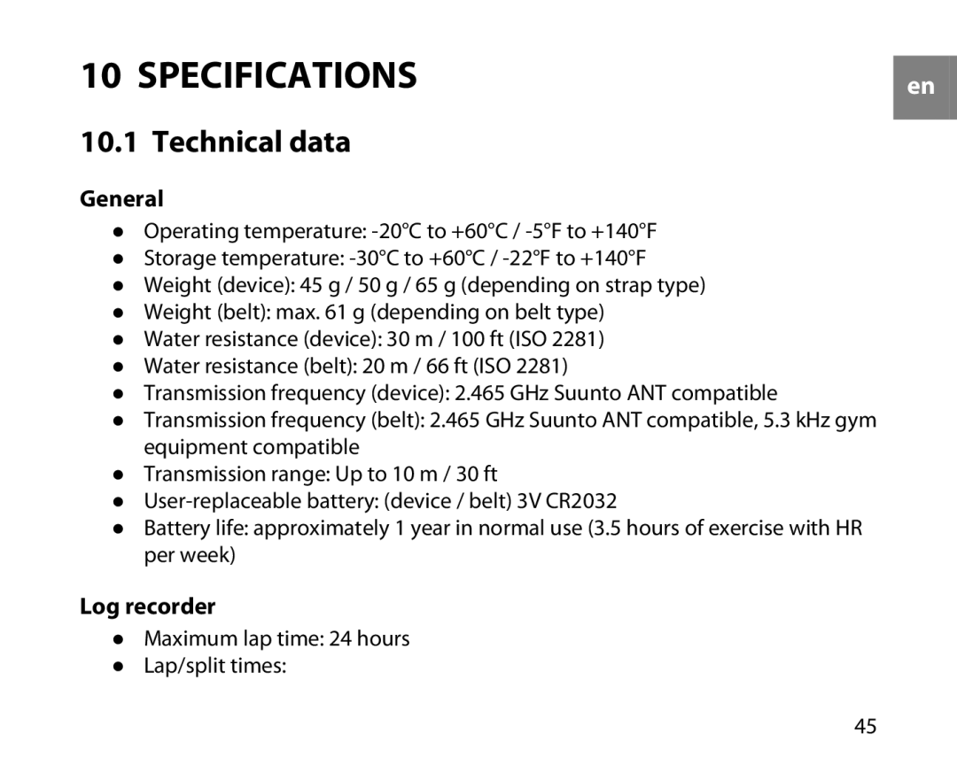 Suunto t3d manual Technical data, General, Log recorder 