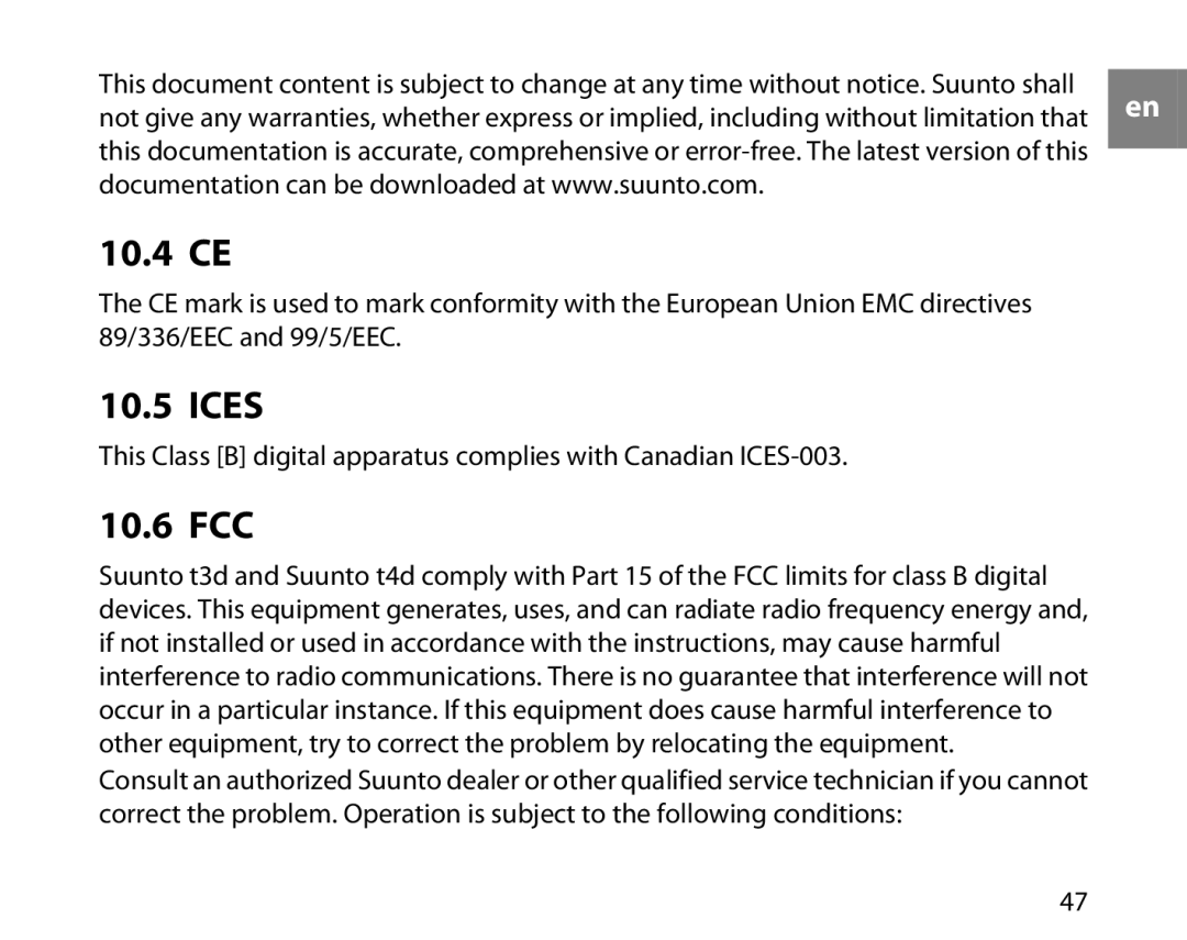 Suunto t3d manual 10.4 CE, Ices, 10.6 FCC 