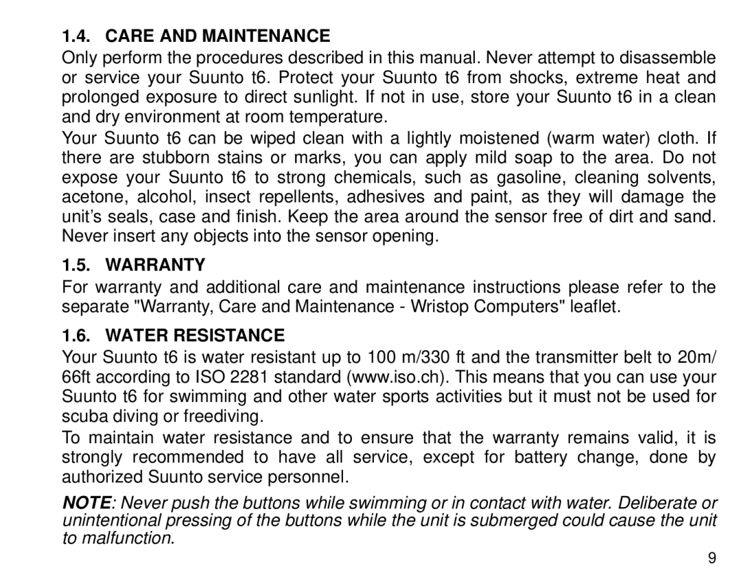 Suunto T6 manual Care and Maintenance, Warranty, Water Resistance 