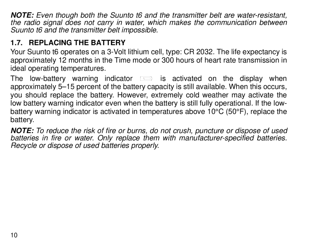 Suunto T6 manual Replacing the Battery 