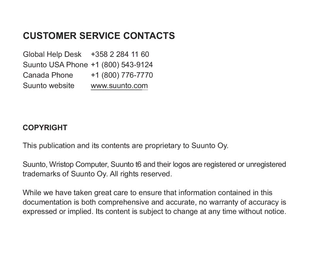 Suunto T6 manual Customer Service Contacts, Copyright 