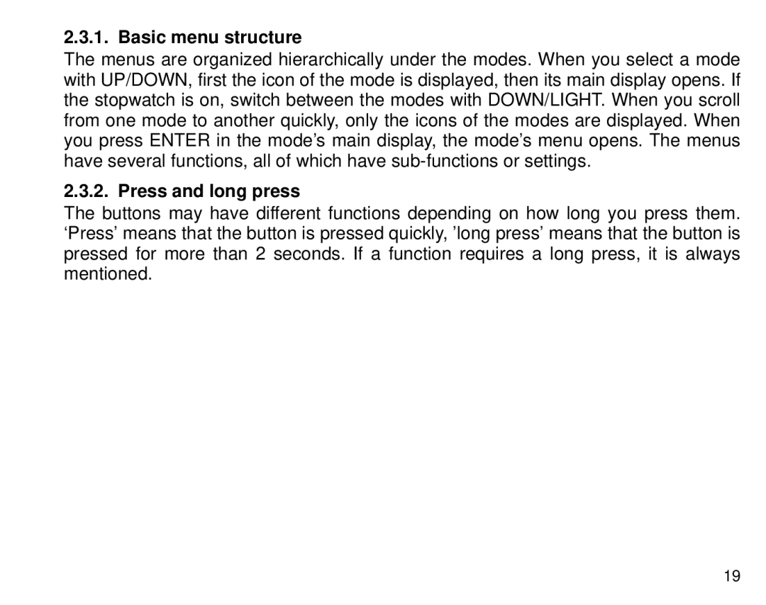 Suunto T6 manual Basic menu structure, Press and long press 