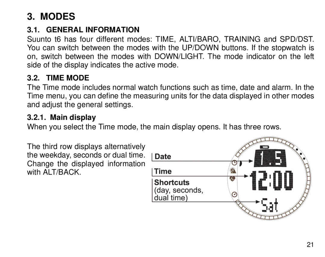 Suunto T6 manual Modes, General Information, Time Mode, Main display 