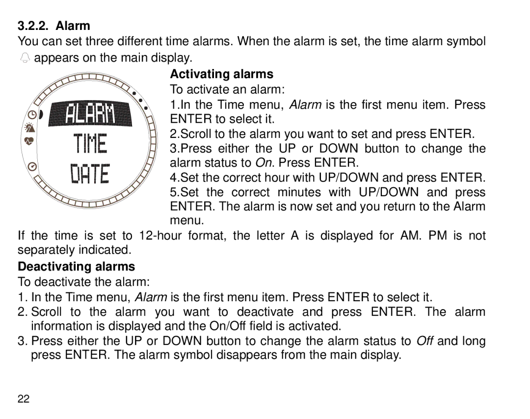 Suunto T6 manual Alarm, Activating alarms, Deactivating alarms 