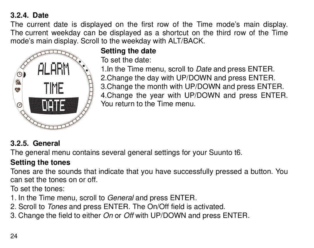 Suunto T6 manual Date, Setting the date, General, Setting the tones 