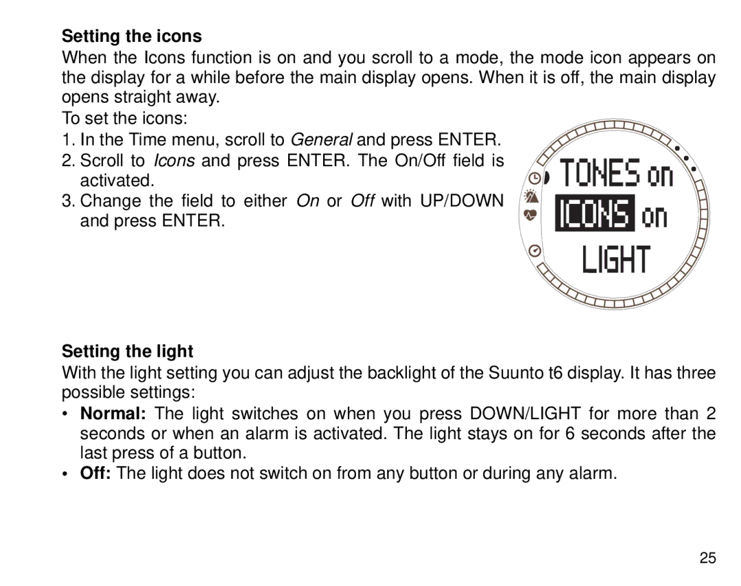 Suunto T6 manual Setting the icons, Setting the light 