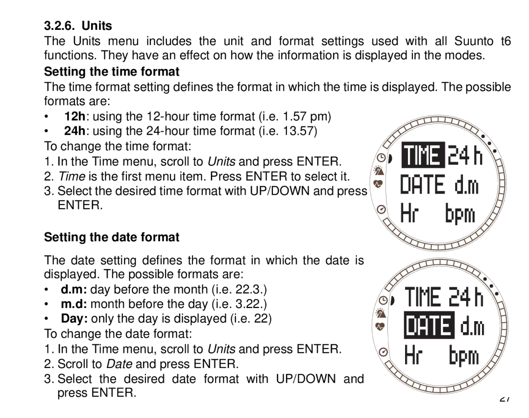 Suunto T6 manual Units, Setting the time format, Setting the date format 