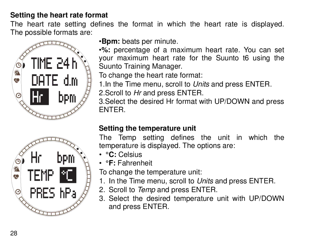 Suunto T6 manual Setting the heart rate format, Setting the temperature unit 