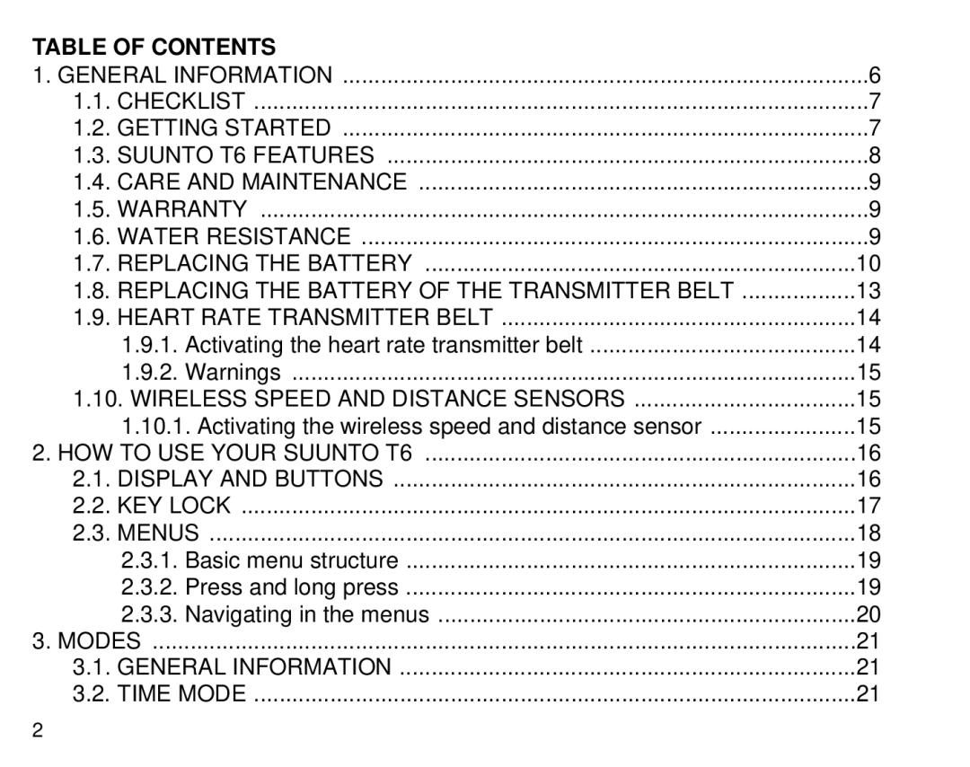 Suunto T6 manual Table of Contents 