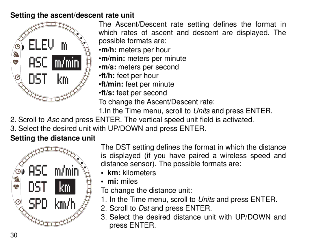 Suunto T6 manual Setting the ascent/descent rate unit, Setting the distance unit, Mi miles 