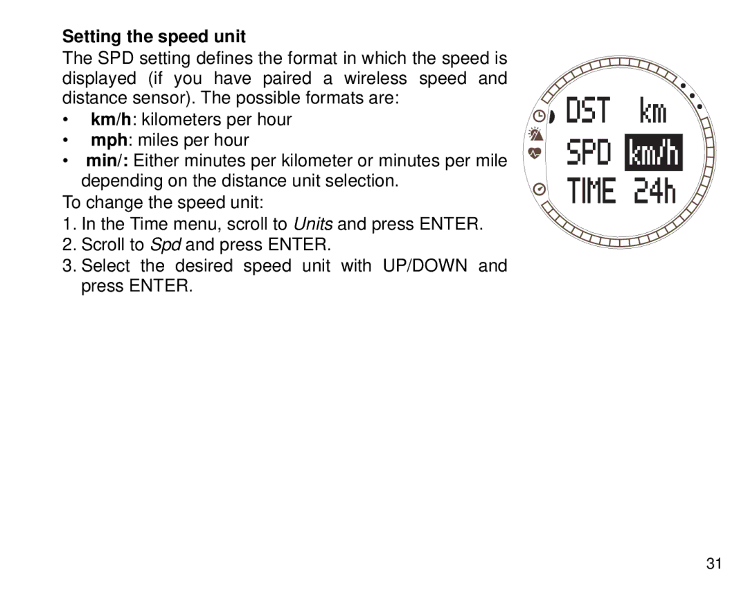 Suunto T6 manual Setting the speed unit 